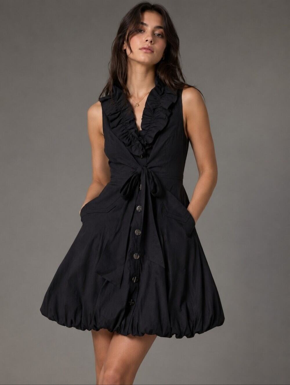 Samuel Dong Ruffle Neck Sleeveless Bubble Dress Black Button Up Tie Size XS